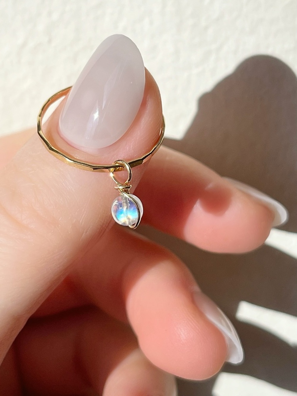 Gold Filled Blue Flash Moonstone Fidget Ring with Dainty Sliding Charm